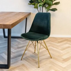 Eetkamerstoelen*HUUS Kuipstoel Velvet Kick- Goud Frame €99,- p.s (per 2 stuks) Donkergroen
